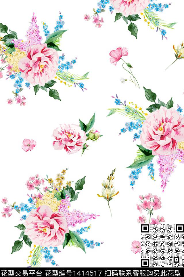 花卉小清新真丝数码印花华亿平台下载（图片编号: 1414517） - 瓦栏（Walan）