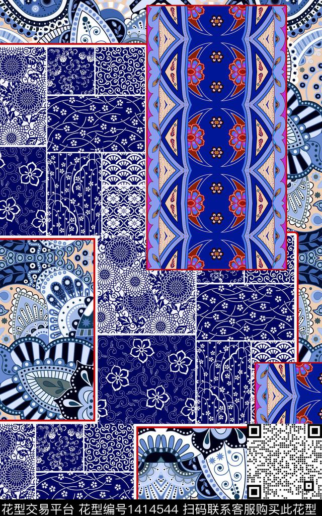 民族风满版散花混合拼接数码印花华亿平台下载（图片编号: 1414544） - 瓦栏（Walan）