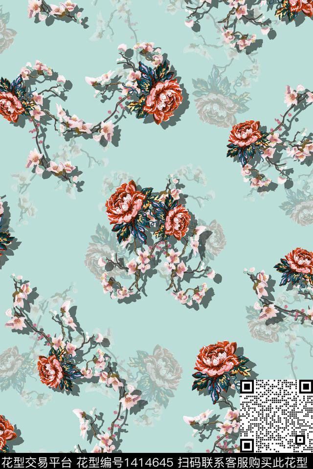 花卉中国风真丝数码印花华亿平台下载（图片编号: 1414645） - 瓦栏（Walan）