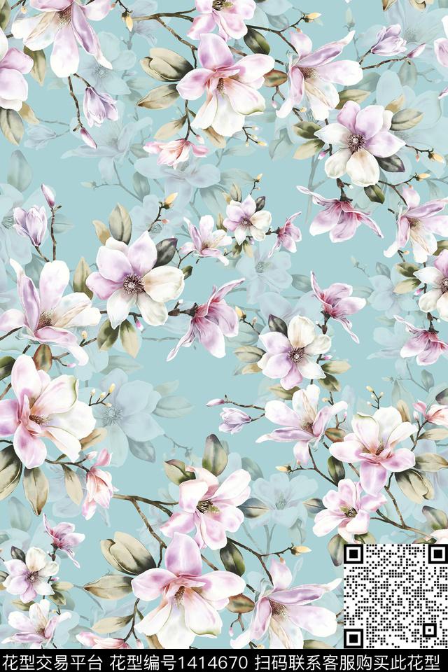 绿植树叶大牌风大花数码印花华亿平台下载（图片编号: 1414670） - 瓦栏（Walan）