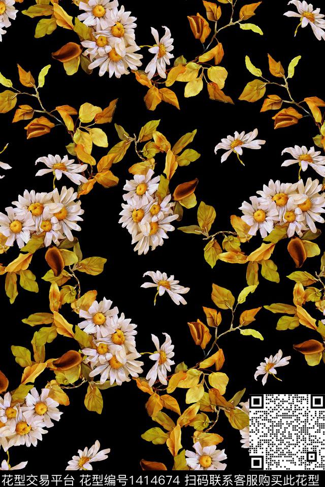 绿植树叶小雏菊黑底花卉数码印花华亿平台下载（图片编号: 1414674） - 瓦栏（Walan）