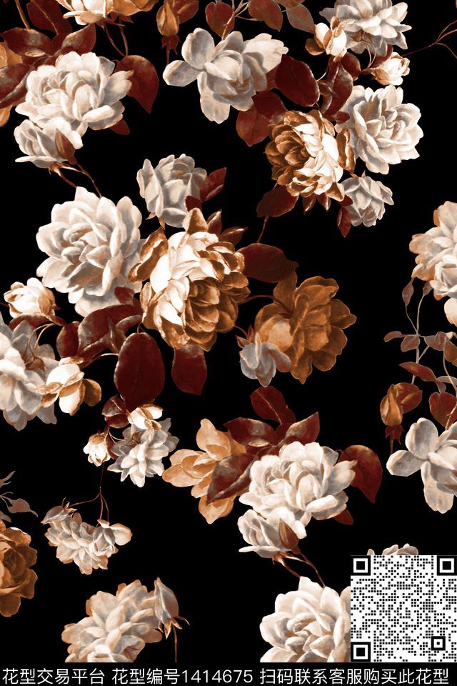 绿植树叶中老年黑底花卉数码印花华亿平台下载（图片编号: 1414675） - 瓦栏（Walan）