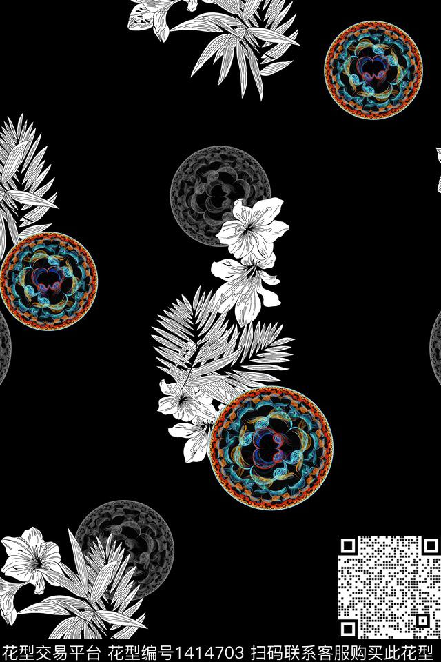 几何黑白华亿平台花卉数码印花华亿平台下载（图片编号: 1414703） - 瓦栏（Walan）