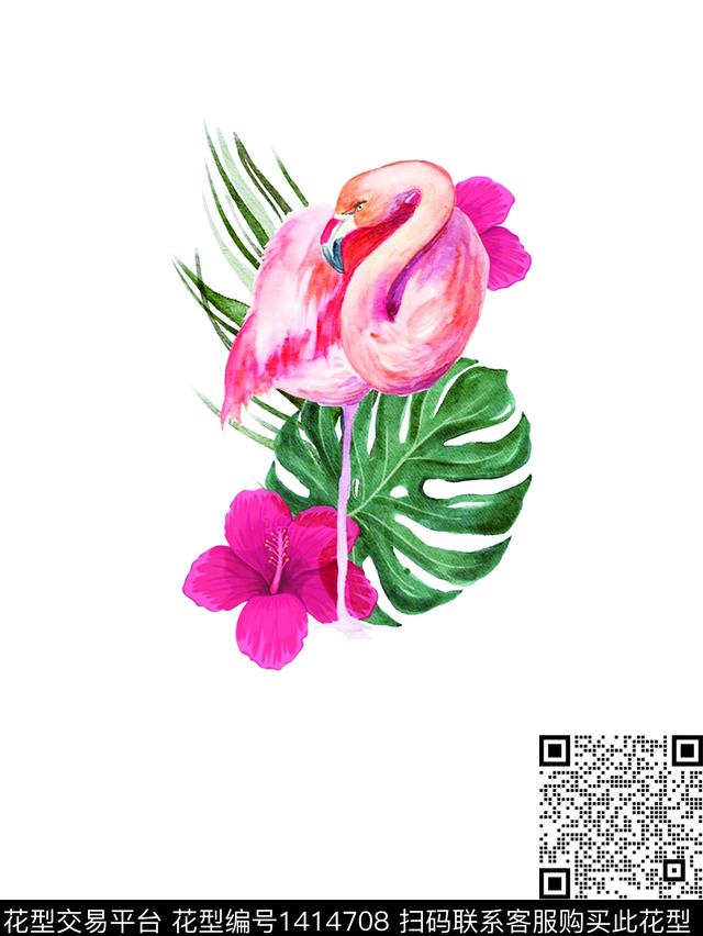 水彩火烈鸟热带华亿平台数码印花华亿平台下载（图片编号: 1414708） - 瓦栏（Walan）