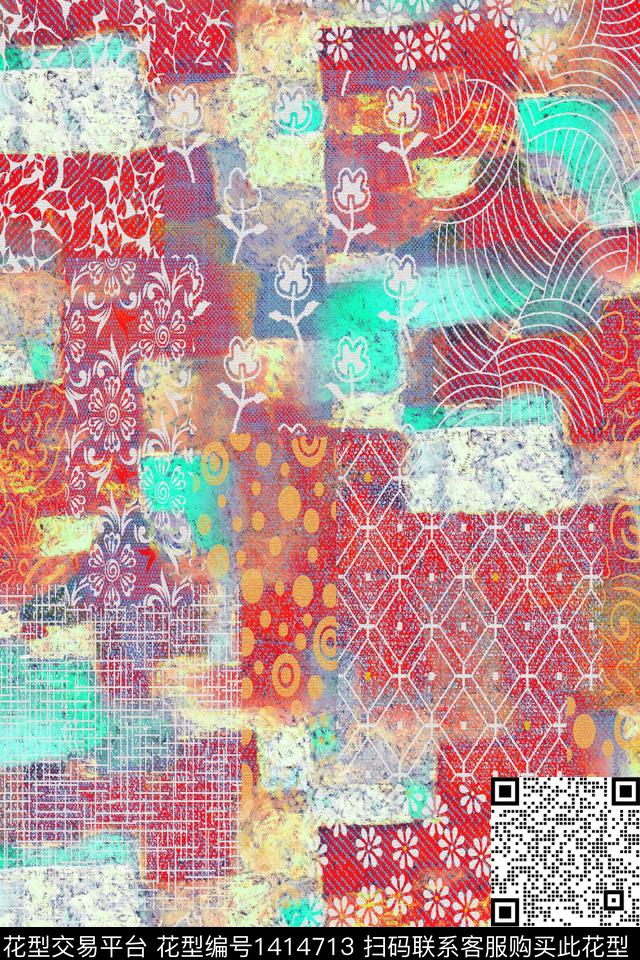 几何抽象花卉民族风数码印花华亿平台下载（图片编号: 1414713） - 瓦栏（Walan）