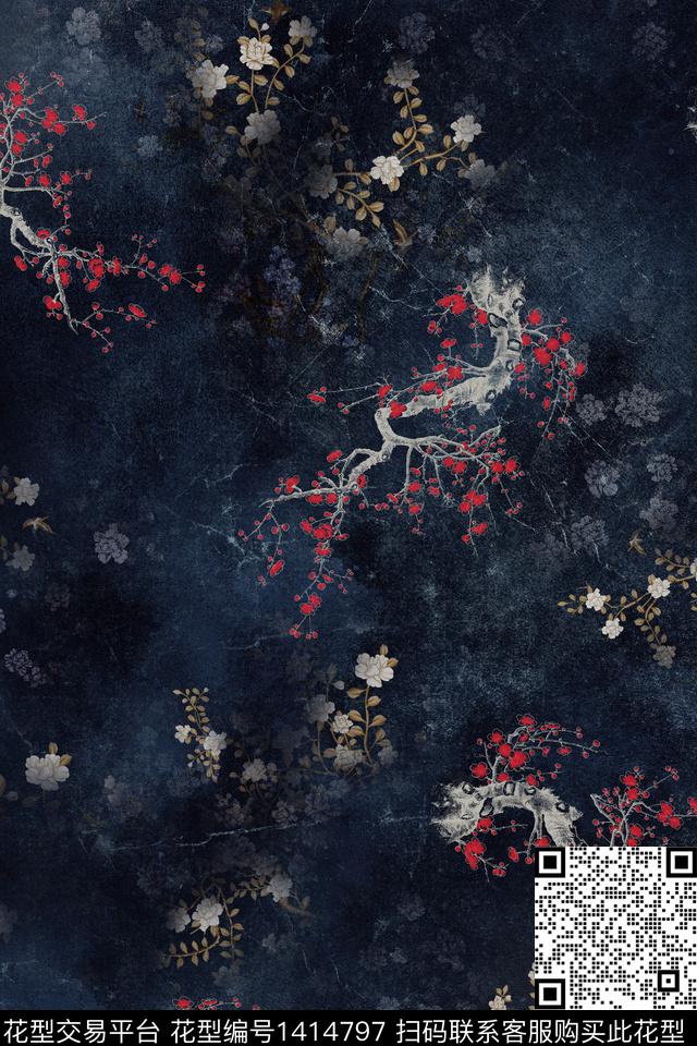 黑底花卉衬衫真丝数码印花华亿平台下载（图片编号: 1414797） - 瓦栏（Walan）