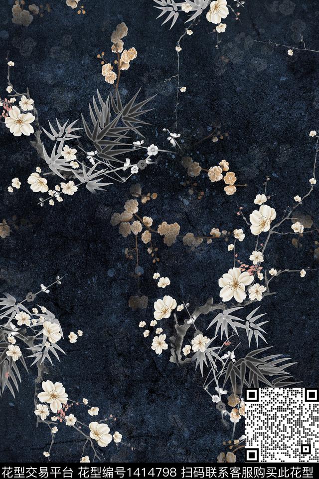 黑底花卉衬衫真丝数码印花华亿平台下载（图片编号: 1414798） - 瓦栏（Walan）