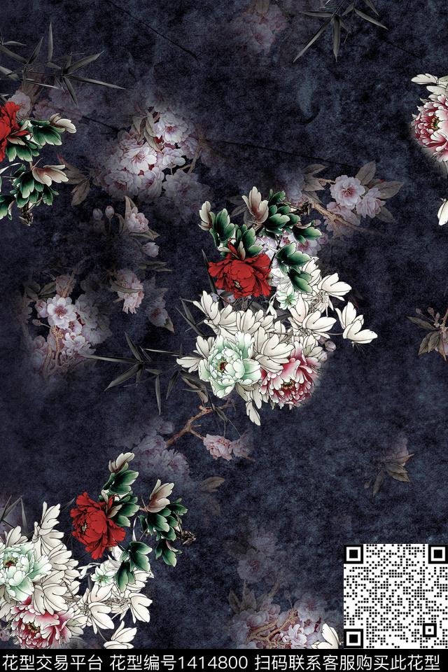 黑底花卉衬衫真丝数码印花华亿平台下载（图片编号: 1414800） - 瓦栏（Walan）