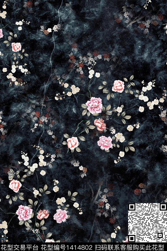 黑底花卉衬衫真丝数码印花华亿平台下载（图片编号: 1414802） - 瓦栏（Walan）