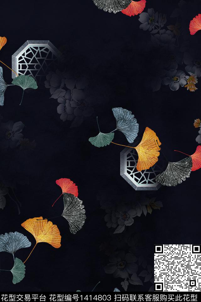 黑底花卉衬衫真丝数码印花华亿平台下载（图片编号: 1414803） - 瓦栏（Walan）