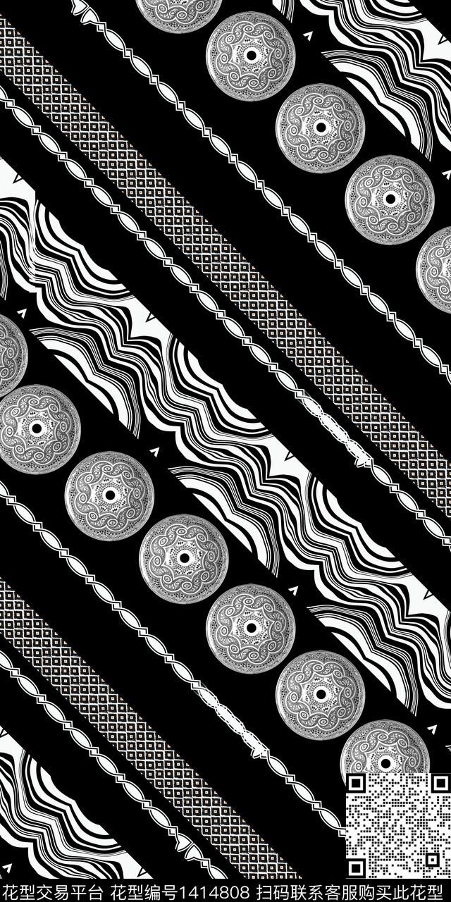 几何花卉真丝条纹数码印花华亿平台下载（图片编号: 1414808） - 瓦栏（Walan）