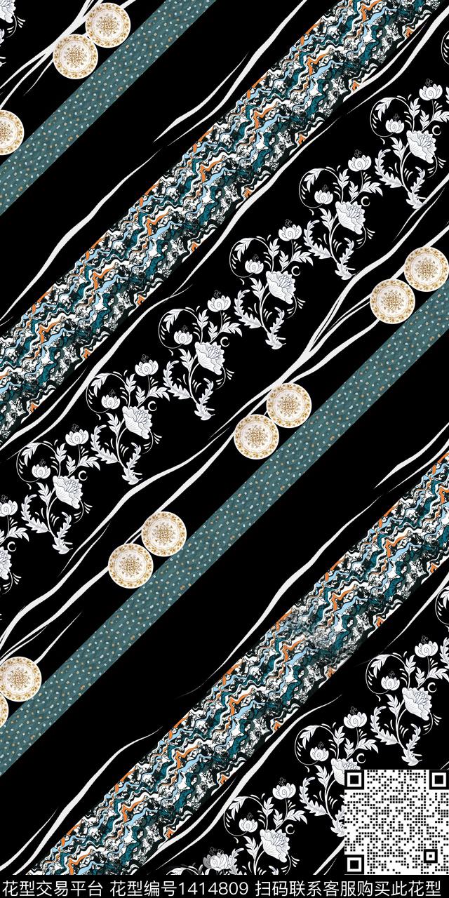 几何花卉真丝条纹数码印花华亿平台下载（图片编号: 1414809） - 瓦栏（Walan）