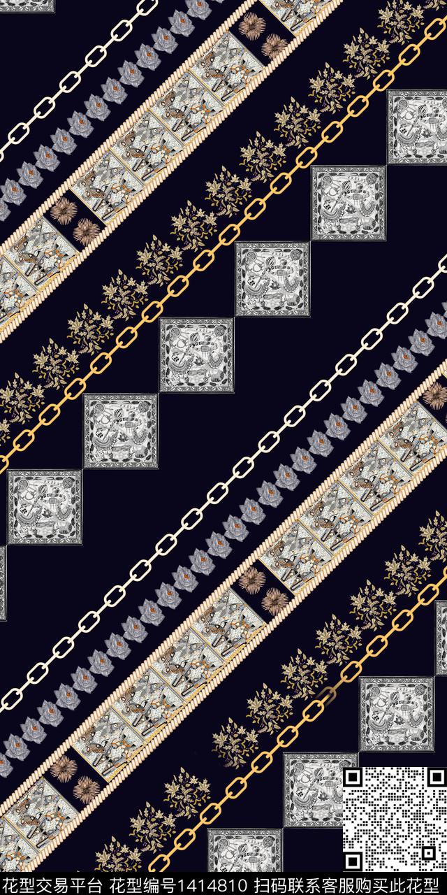 几何花卉真丝条纹数码印花华亿平台下载（图片编号: 1414810） - 瓦栏（Walan）