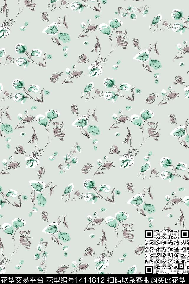 抽象花卉真丝小碎花数码印花华亿平台下载（图片编号: 1414812） - 瓦栏（Walan）