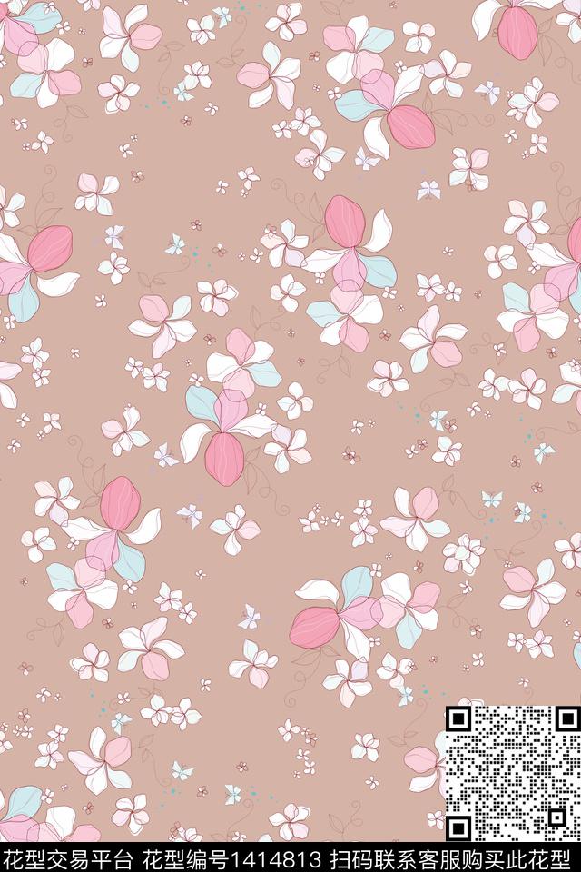 抽象花卉真丝小碎花数码印花华亿平台下载（图片编号: 1414813） - 瓦栏（Walan）