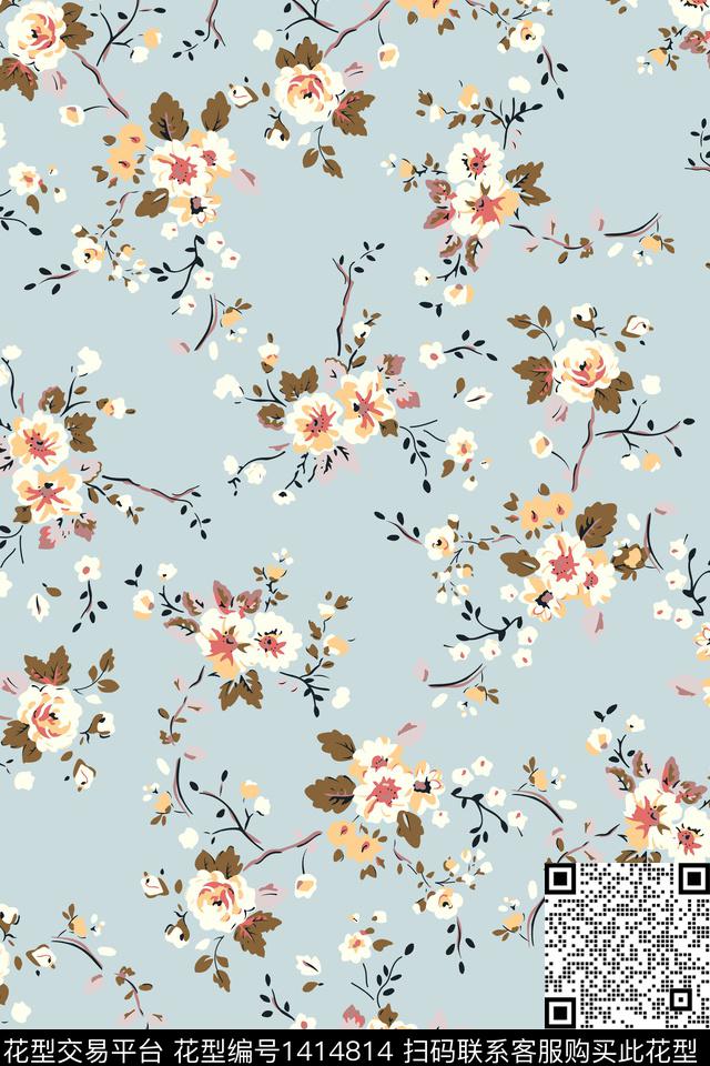 抽象花卉真丝小碎花数码印花华亿平台下载（图片编号: 1414814） - 瓦栏（Walan）