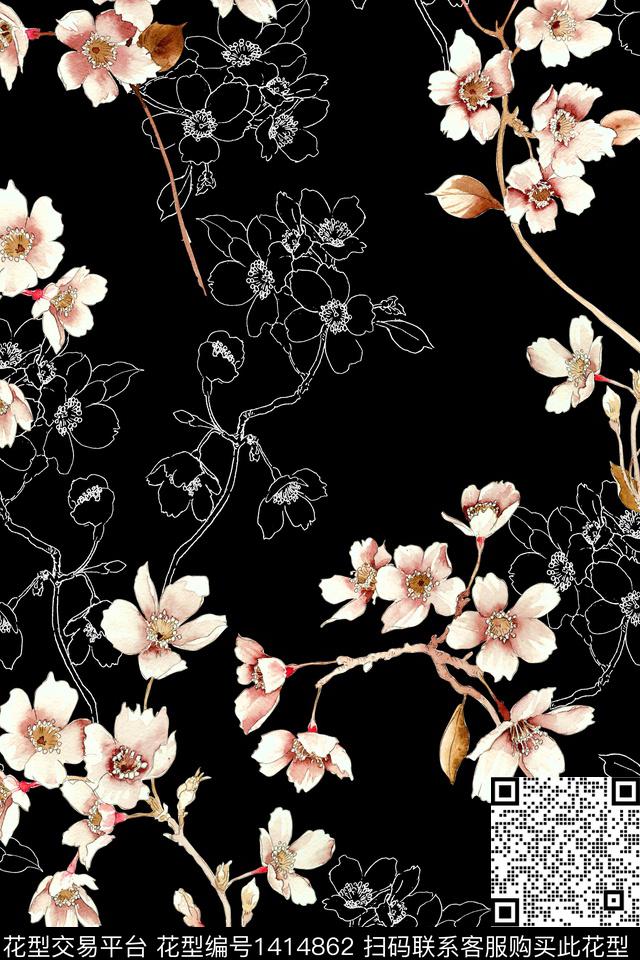 黑底花卉花卉香云纱数码印花华亿平台下载（图片编号: 1414862） - 瓦栏（Walan）
