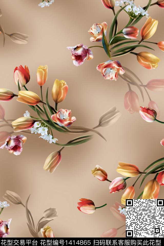 花卉郁金香阴影数码印花华亿平台下载（图片编号: 1414865） - 瓦栏（Walan）