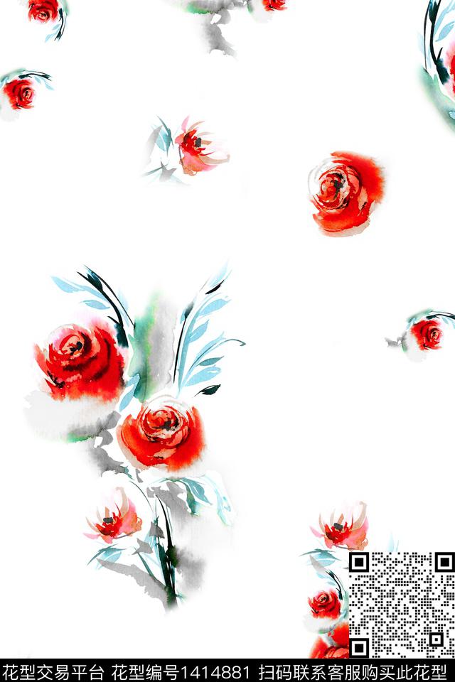 玫瑰花清爽底花卉花卉数码印花华亿平台下载（图片编号: 1414881） - 瓦栏（Walan）