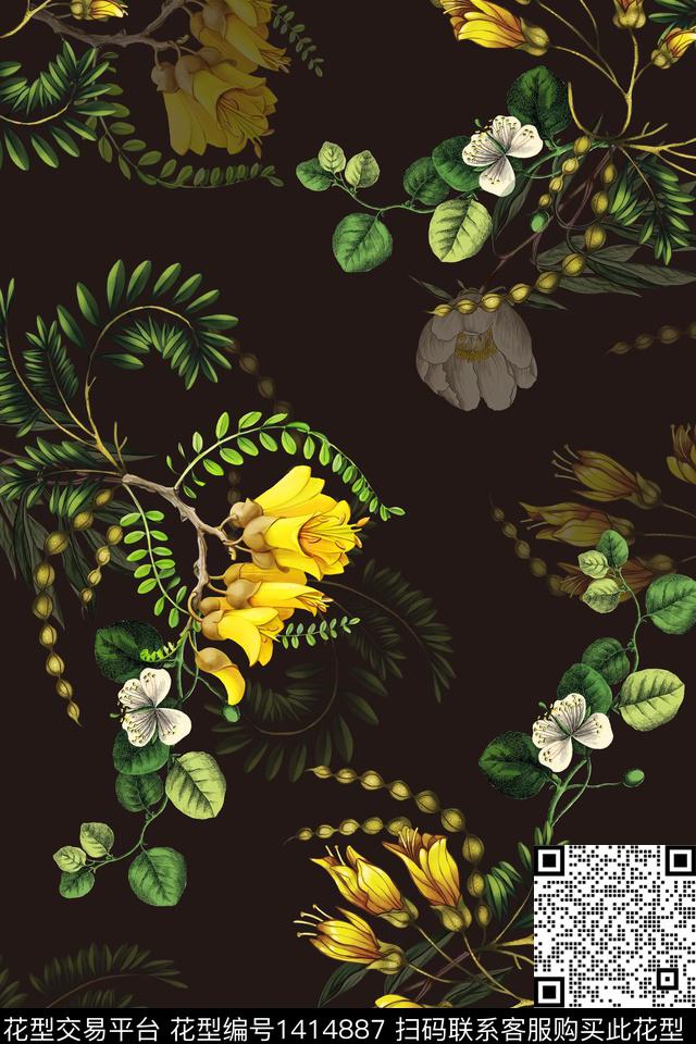 黑底花卉数码华亿平台花卉数码印花华亿平台下载（图片编号: 1414887） - 瓦栏（Walan）