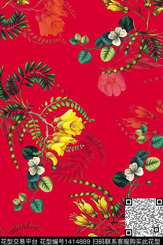 黑底花卉数码华亿平台花卉数码印花华亿平台下载（图片编号: 1414889） - 瓦栏（Walan）