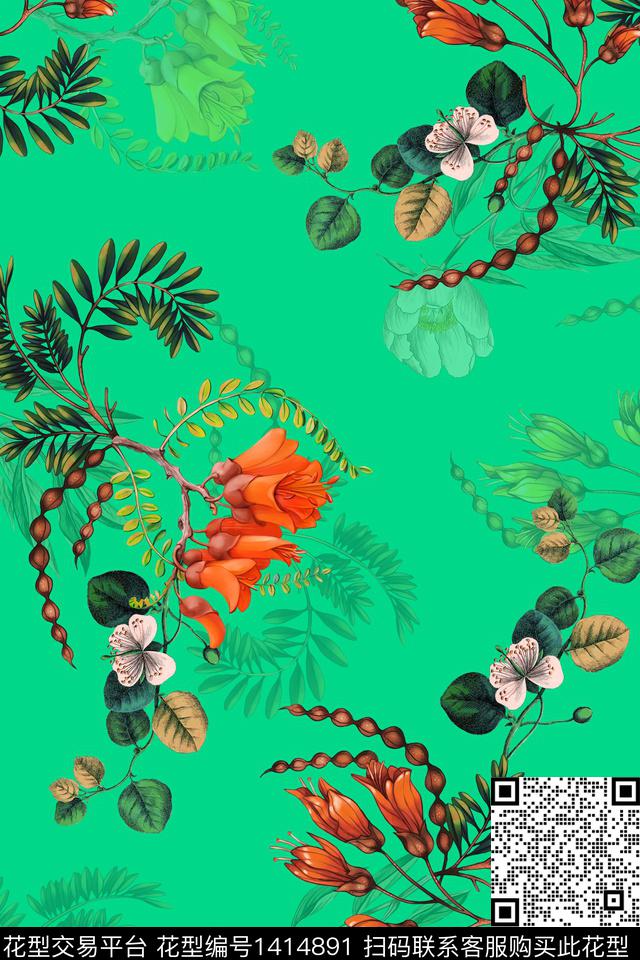 黑底花卉数码华亿平台花卉数码印花华亿平台下载（图片编号: 1414891） - 瓦栏（Walan）