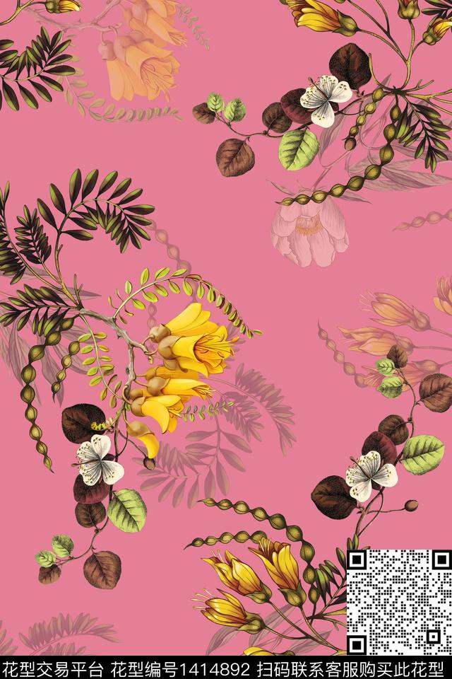 黑底花卉数码华亿平台花卉数码印花华亿平台下载（图片编号: 1414892） - 瓦栏（Walan）