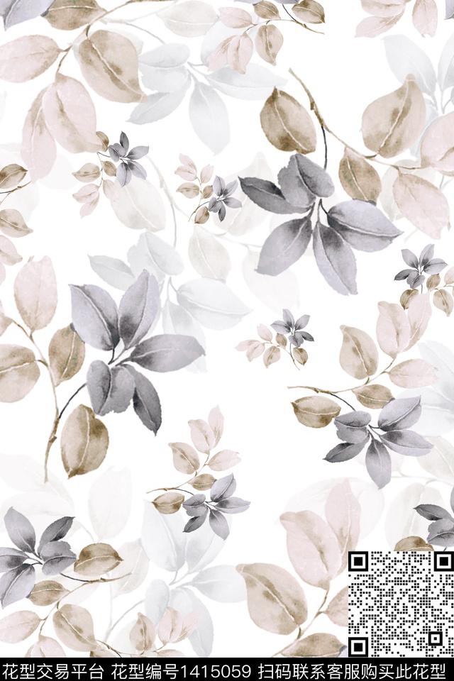 绿植树叶清爽底花卉大牌风数码印花华亿平台下载（图片编号: 1415059） - 瓦栏（Walan）