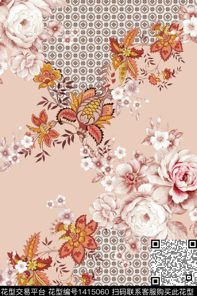 几何绿植树叶清爽底花卉数码印花华亿平台下载（图片编号: 1415060） - 瓦栏（Walan）