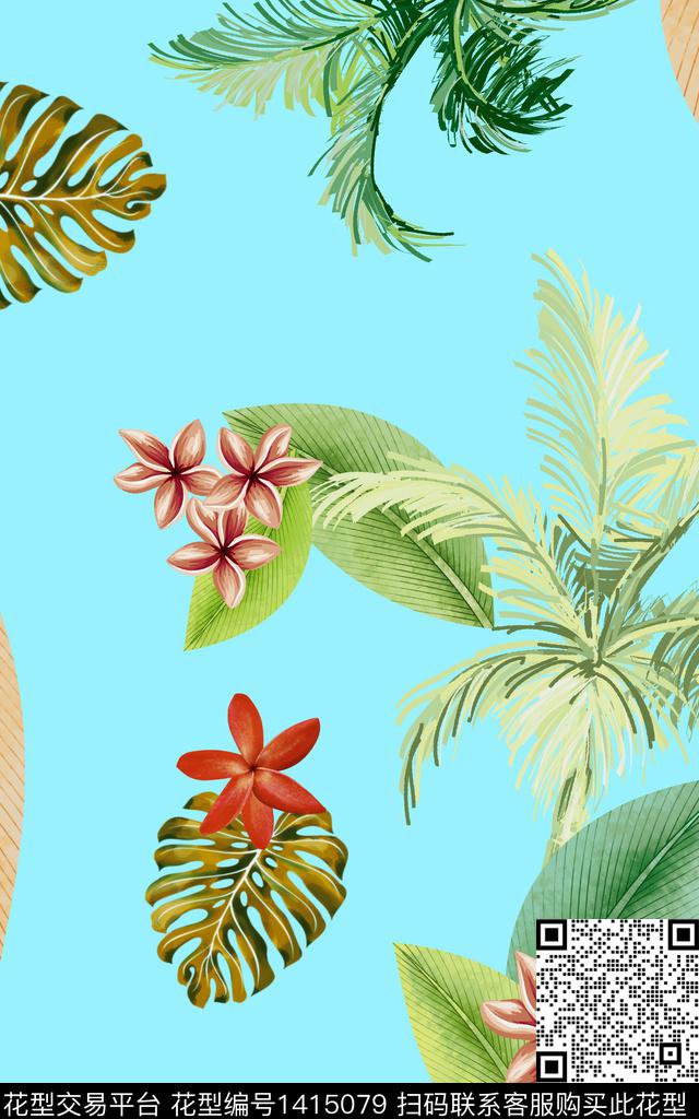清爽底花卉植物热带华亿平台数码印花华亿平台下载（图片编号: 1415079） - 瓦栏（Walan）