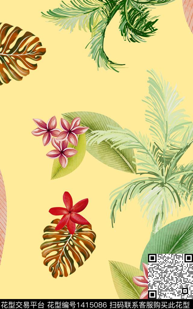 绿植树叶清爽底花卉植物数码印花华亿平台下载（图片编号: 1415086） - 瓦栏（Walan）