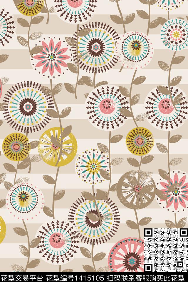 几何几何花卉大牌风数码印花华亿平台下载（图片编号: 1415105） - 瓦栏（Walan）