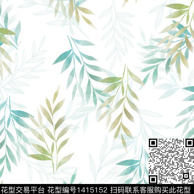 时尚真丝绿植树叶数码印花华亿平台下载（图片编号: 1415152） - 瓦栏（Walan）