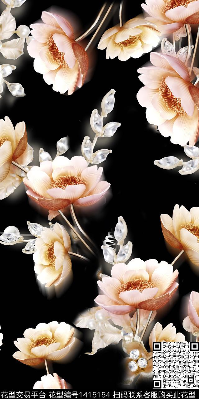 时尚花卉真丝数码印花华亿平台下载（图片编号: 1415154） - 瓦栏（Walan）