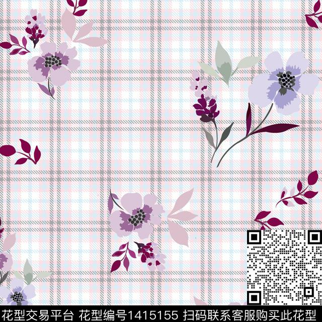 时尚格子花卉数码印花华亿平台下载（图片编号: 1415155） - 瓦栏（Walan）
