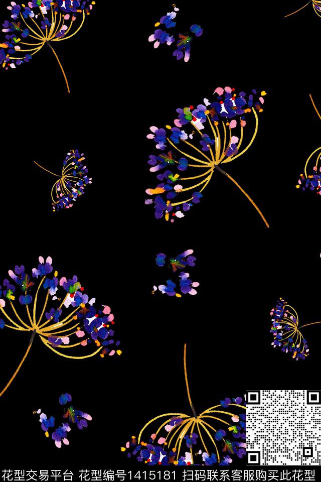 黑底花卉绿植树叶花卉数码印花华亿平台下载（图片编号: 1415181） - 瓦栏（Walan）