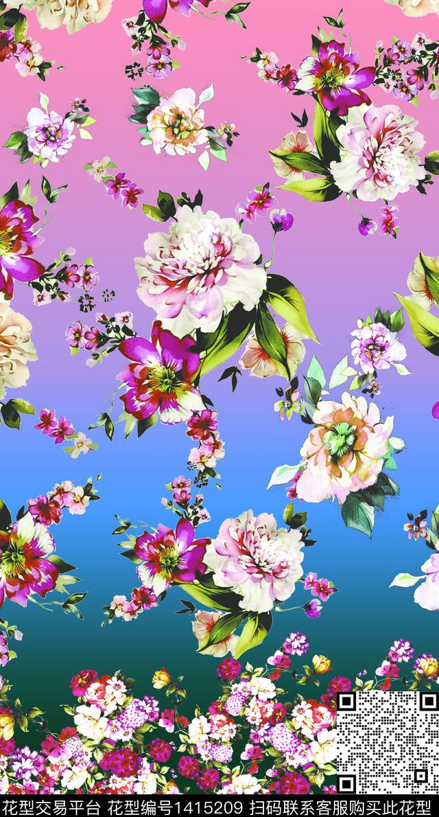 扎染华亿平台花卉大牌风数码印花华亿平台下载（图片编号: 1415209） - 瓦栏（Walan）