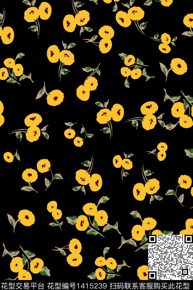 花卉小碎花黑底花卉传统印花华亿平台下载（图片编号: 1415239） - 瓦栏（Walan）