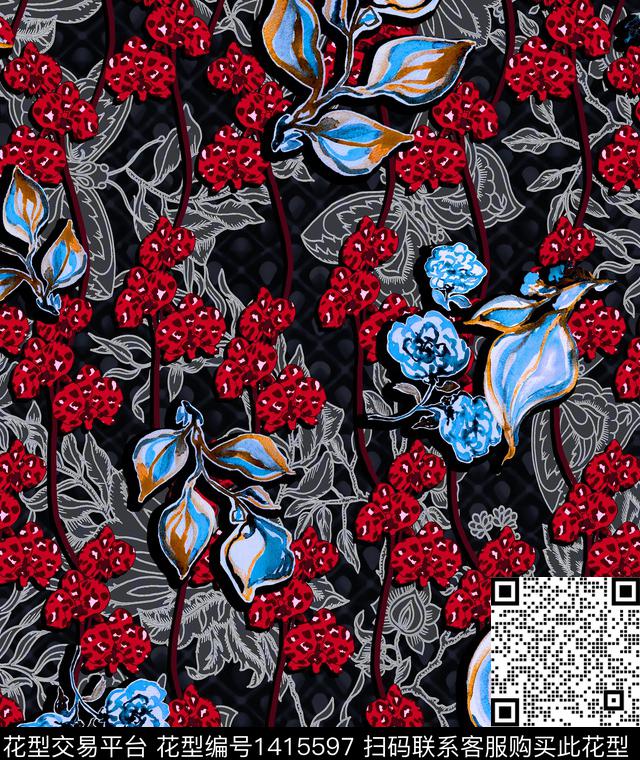 连衣裙时尚花卉数码印花华亿平台下载（图片编号: 1415597） - 瓦栏（Walan）