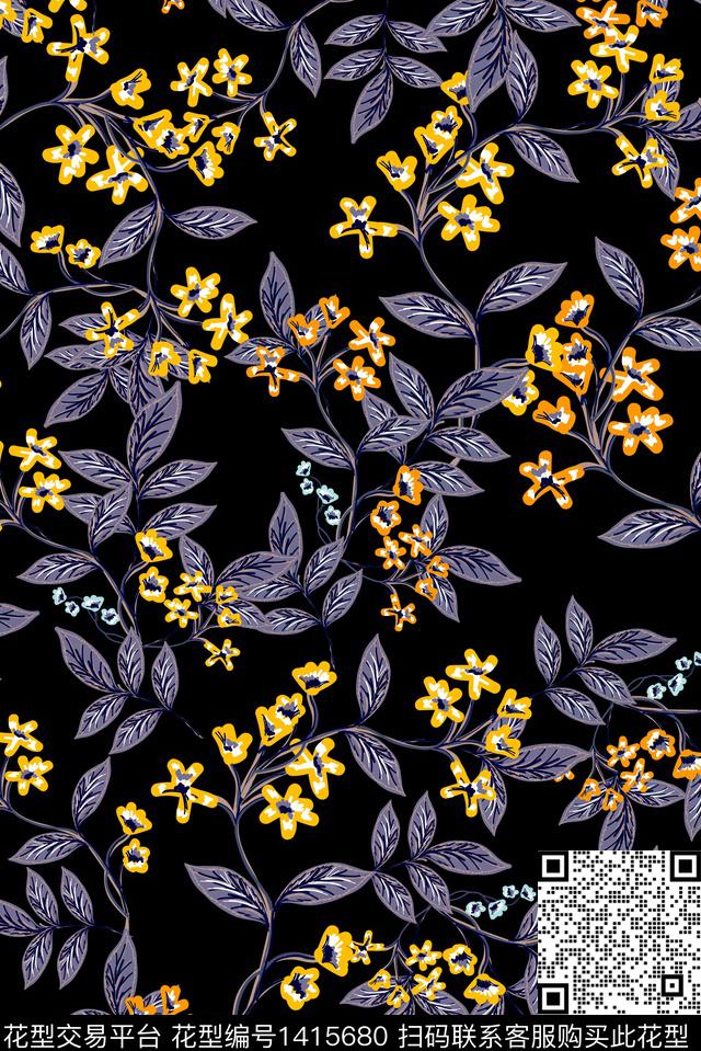 黑底花卉大牌风小碎花传统印花华亿平台下载（图片编号: 1415680） - 瓦栏（Walan）