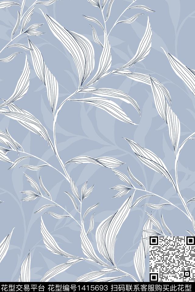 绿植树叶清爽底花卉花卉数码印花华亿平台下载（图片编号: 1415693） - 瓦栏（Walan）