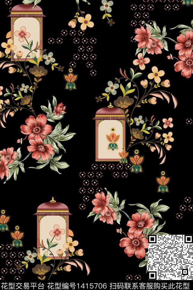 花卉大牌风抽象数码印花华亿平台下载（图片编号: 1415706） - 瓦栏（Walan）