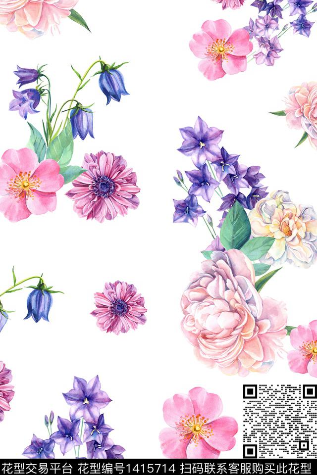 绿植树叶水彩清爽底花卉数码印花华亿平台下载（图片编号: 1415714） - 瓦栏（Walan）