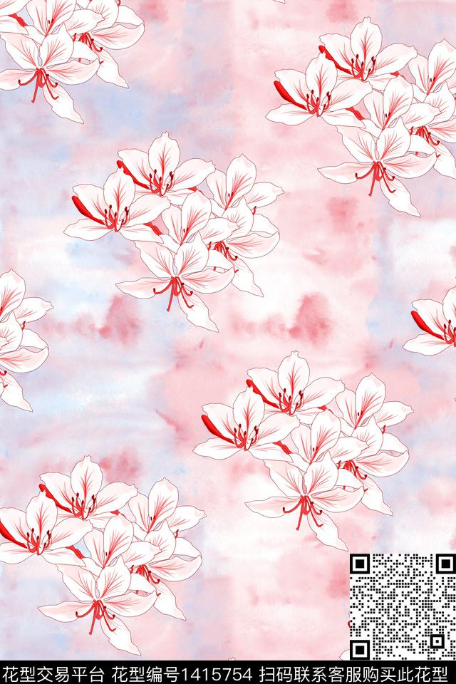 渐变水彩花卉数码印花华亿平台下载（图片编号: 1415754） - 瓦栏（Walan）