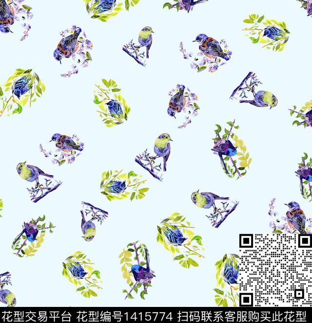 鹦鹉小碎花鸟数码印花华亿平台下载（图片编号: 1415774） - 瓦栏（Walan）