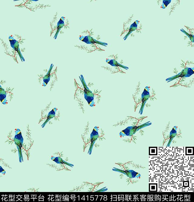 鹦鹉小碎花鸟数码印花华亿平台下载（图片编号: 1415778） - 瓦栏（Walan）