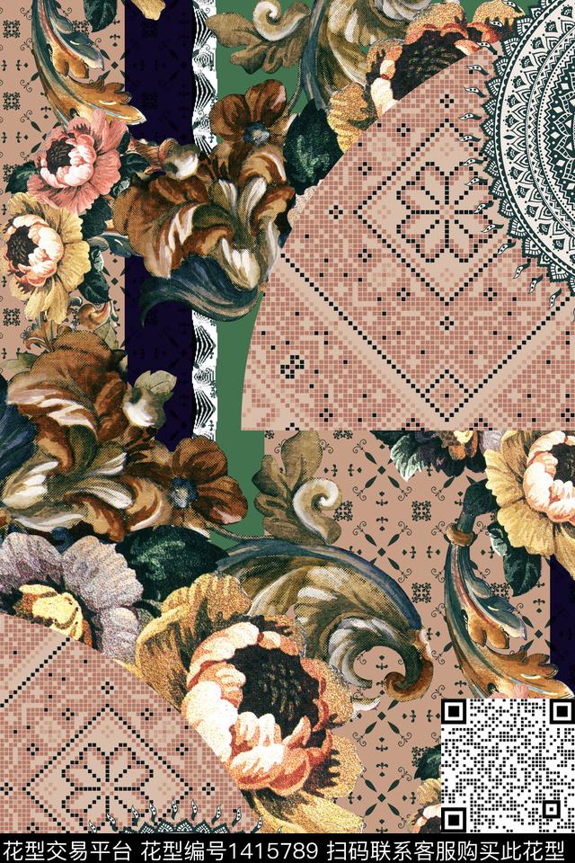 几何格子民族风数码印花华亿平台下载（图片编号: 1415789） - 瓦栏（Walan）