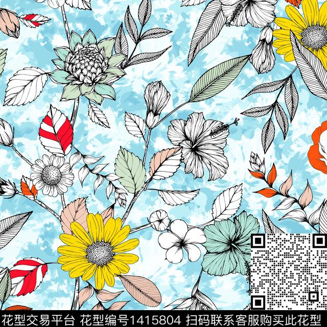 数码华亿平台手绘花卉清爽数码印花华亿平台下载（图片编号: 1415804） - 瓦栏（Walan）