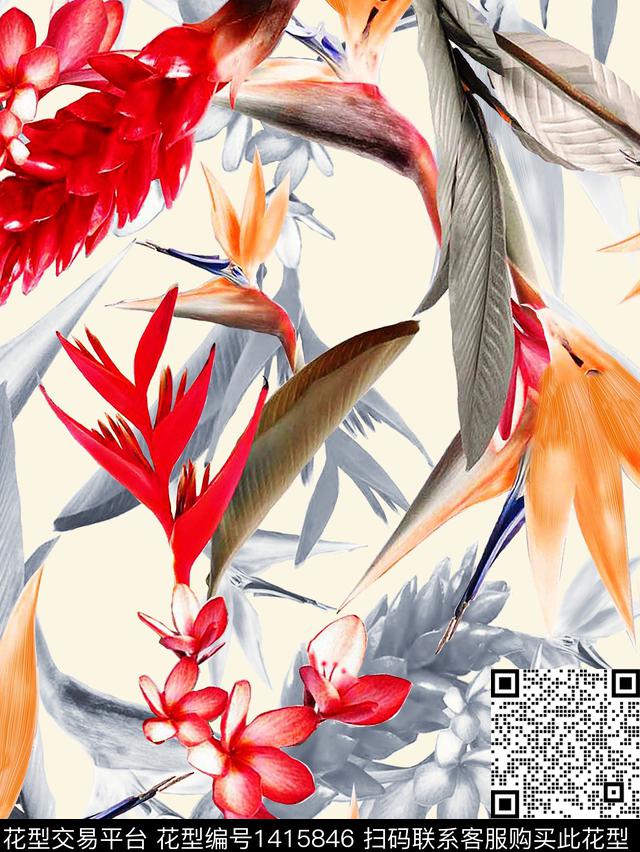 花卉天堂花米色底数码印花华亿平台下载（图片编号: 1415846） - 瓦栏（Walan）