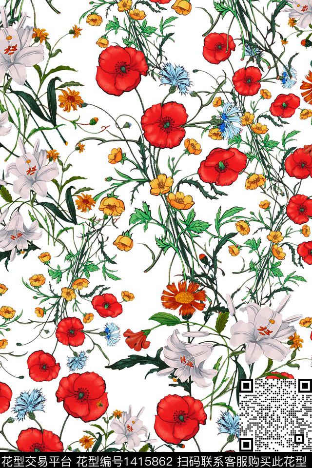 绿植树叶水彩清爽底花卉数码印花华亿平台下载（图片编号: 1415862） - 瓦栏（Walan）